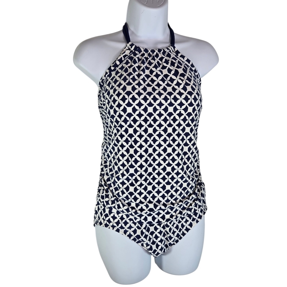 Athena Navy White Halter Mosaic Tile Print One Piece Swimsuit